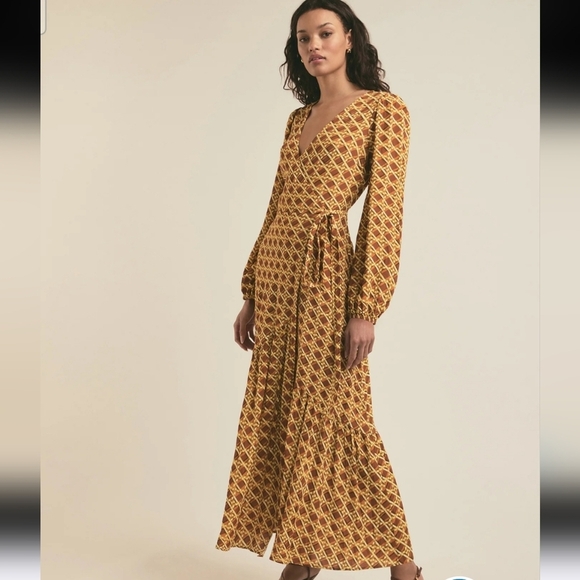 HL AFFAIR Mod Printed Wrap Maxi Long Sleeve Dress In Mustard/white/grey. S/M NWT - Picture 16 of 16